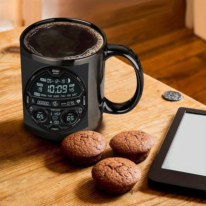 1pc Large 11oz Coffee Mug Cup with Digital Clock Design - Black with Blue Accents, Heavy - Duty Construction for Camping, Home, Office - Ideal Gift for Christmas, Halloween, Thanksgiving, Father's Day - Hand Wash Only - Ideal f - FastZen