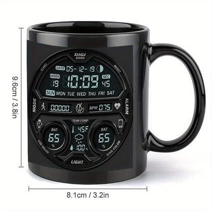 1pc Large 11oz Coffee Mug Cup with Digital Clock Design - Black with Blue Accents, Heavy - Duty Construction for Camping, Home, Office - Ideal Gift for Christmas, Halloween, Thanksgiving, Father's Day - Hand Wash Only - Ideal f - FastZen