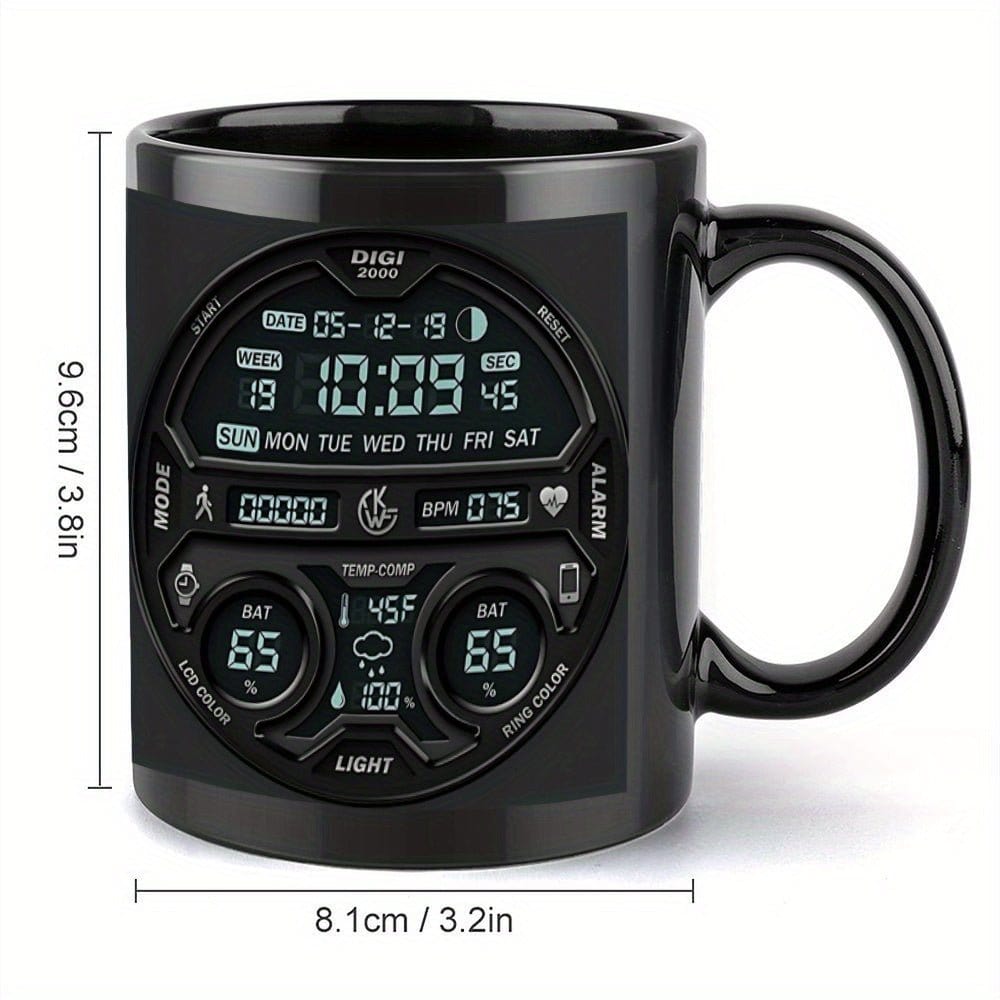 1pc Large 11oz Coffee Mug Cup with Digital Clock Design - Black with Blue Accents, Heavy - Duty Construction for Camping, Home, Office - Ideal Gift for Christmas, Halloween, Thanksgiving, Father's Day - Hand Wash Only - Ideal f - FastZen