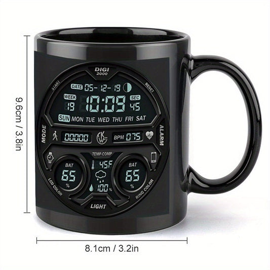 1pc Large 11oz Coffee Mug Cup with Digital Clock Design - Black with Blue Accents, Heavy - Duty Construction for Camping, Home, Office - Ideal Gift for Christmas, Halloween, Thanksgiving, Father's Day - Hand Wash Only - Ideal f - FastZen
