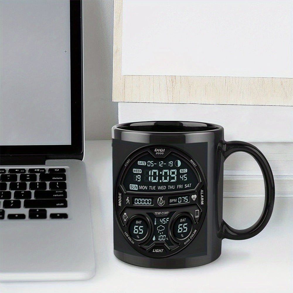 1pc Large 11oz Coffee Mug Cup with Digital Clock Design - Black with Blue Accents, Heavy - Duty Construction for Camping, Home, Office - Ideal Gift for Christmas, Halloween, Thanksgiving, Father's Day - Hand Wash Only - Ideal f - FastZen