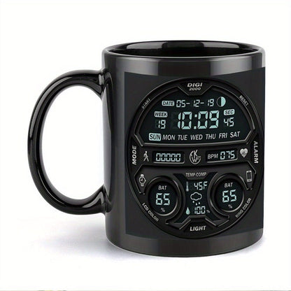 1pc Large 11oz Coffee Mug Cup with Digital Clock Design - Black with Blue Accents, Heavy - Duty Construction for Camping, Home, Office - Ideal Gift for Christmas, Halloween, Thanksgiving, Father's Day - Hand Wash Only - Ideal f - FastZen