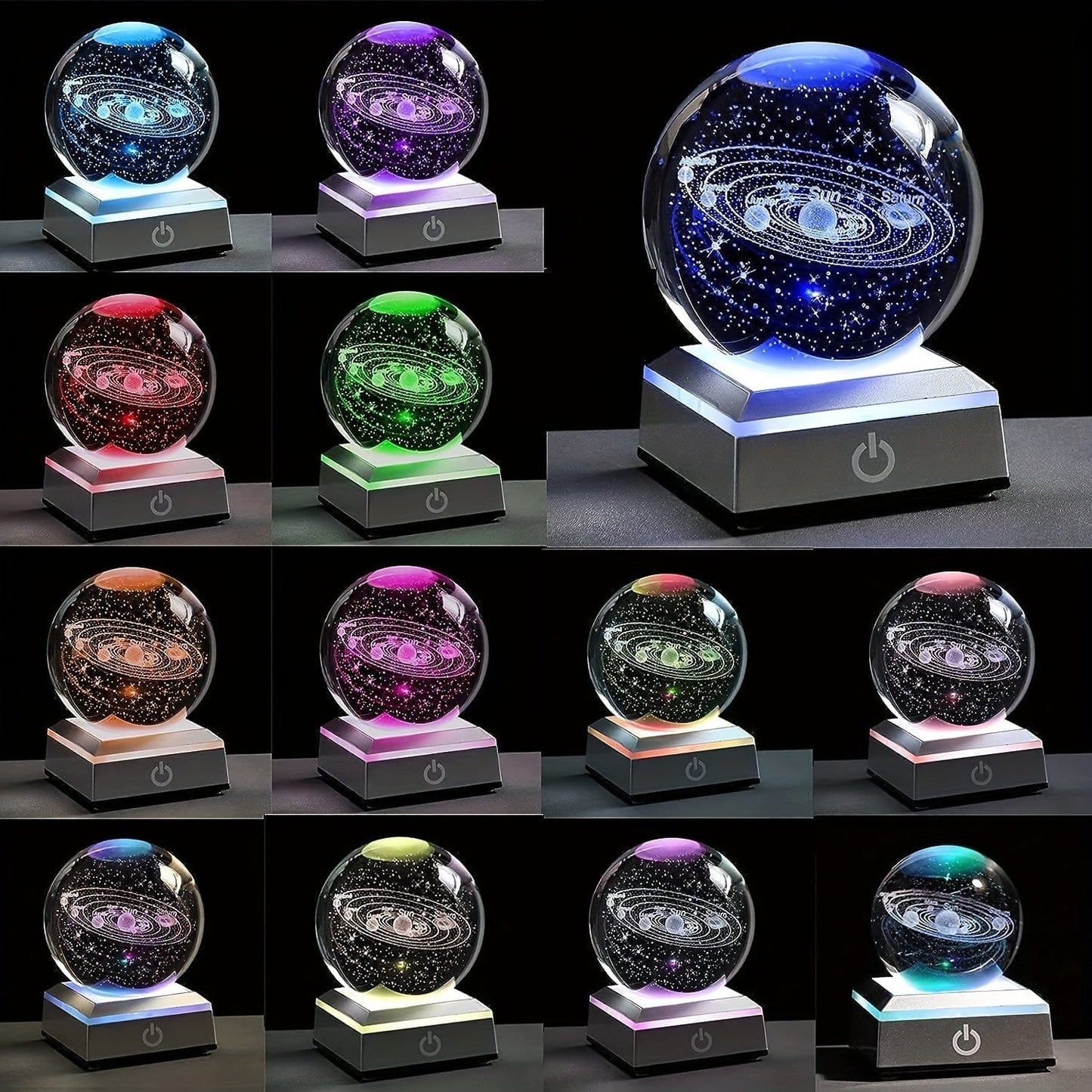 1pc Small 3D Solar System Crystal Ball With LED Base, Night Light For Home Decoration, Gift For Astronomy Lovers - FastZen