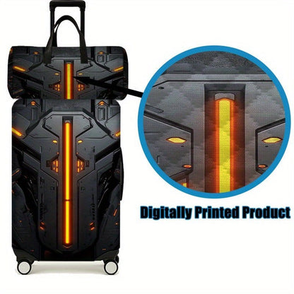 2pcs 2D Flat Travel Luggage Cover Set (1 Suitcase Cover + 1 Travel Bag) (Suitcase Not Included), Featuring a Tech Style with Mechanical Armor Element Designs on The Suitcase Cover And Travel Bag, Essential Travel Accessories, - FastZen