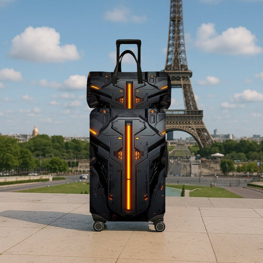 2pcs 2D Flat Travel Luggage Cover Set (1 Suitcase Cover + 1 Travel Bag) (Suitcase Not Included), Featuring a Tech Style with Mechanical Armor Element Designs on The Suitcase Cover And Travel Bag, Essential Travel Accessories, - FastZen