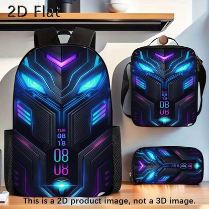 3pcs Steel Style Game Backpack Set Includes a Large Capacity Backpack, a Pencil Case And a Zippered Lunch Bag with Adjustable Shoulder Straps, Making It a Great Travel And Commuting Gift. - FastZen