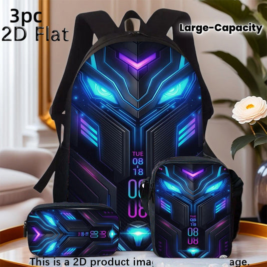 3pcs Steel Style Game Backpack Set Includes a Large Capacity Backpack, a Pencil Case And a Zippered Lunch Bag with Adjustable Shoulder Straps, Making It a Great Travel And Commuting Gift. - FastZen