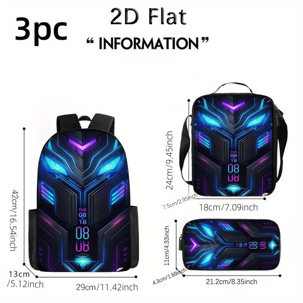 3pcs Steel Style Game Backpack Set Includes a Large Capacity Backpack, a Pencil Case And a Zippered Lunch Bag with Adjustable Shoulder Straps, Making It a Great Travel And Commuting Gift. - FastZen