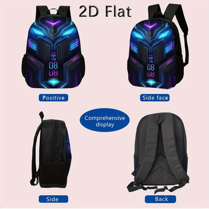 3pcs Steel Style Game Backpack Set Includes a Large Capacity Backpack, a Pencil Case And a Zippered Lunch Bag with Adjustable Shoulder Straps, Making It a Great Travel And Commuting Gift. - FastZen