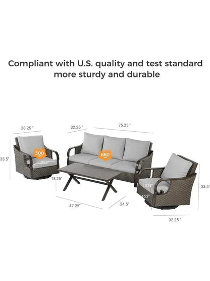 4 - Piece Outdoor Patio Furniture Set – Wicker Rocking & Swivel Chairs with Cushions and Coffee Table - FastZen