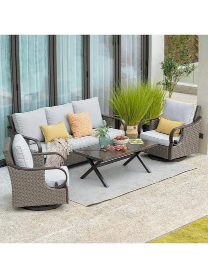 4 - Piece Outdoor Patio Furniture Set – Wicker Rocking & Swivel Chairs with Cushions and Coffee Table - FastZen