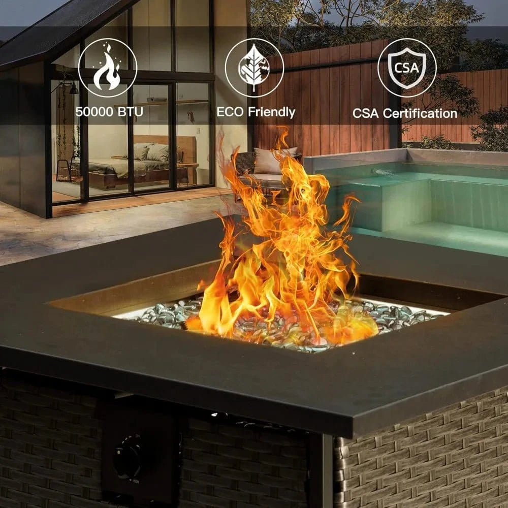43 - Inch Propane Fire Pit Table – 50,000 BTU Gas Firepit with Lid, Glass Rocks & ETL Certification – Rattan Design Outdoor Heater - FastZen