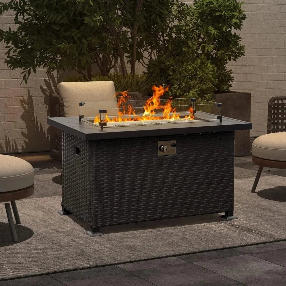 43 - Inch Propane Fire Pit Table – 50,000 BTU Gas Firepit with Lid, Glass Rocks & ETL Certification – Rattan Design Outdoor Heater - FastZen