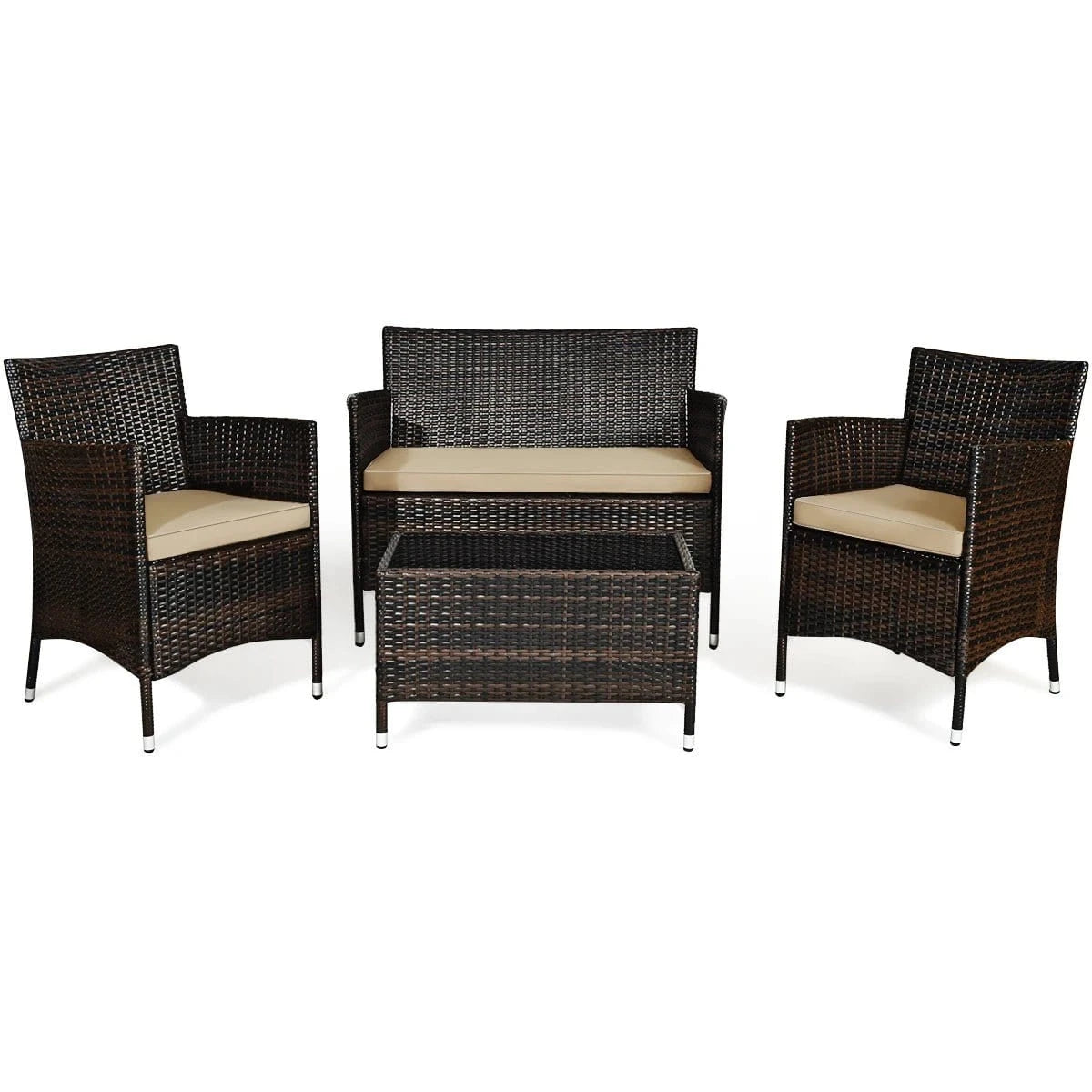 4PCS Rattan Patio Furniture Set – Cushioned Sofa, Chairs & Coffee Table for Garden - FastZen