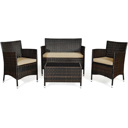 4PCS Rattan Patio Furniture Set – Cushioned Sofa, Chairs & Coffee Table for Garden - FastZen
