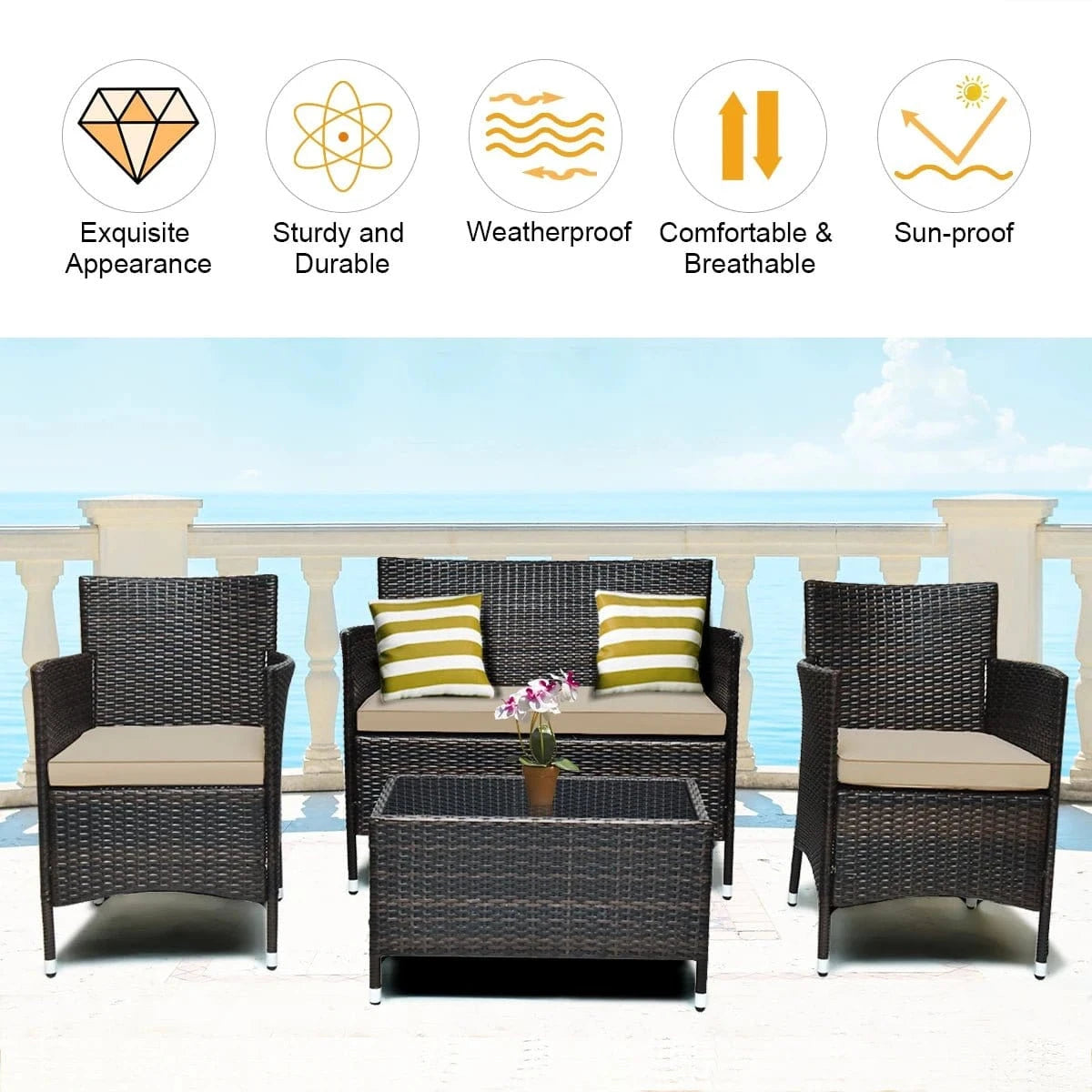 4PCS Rattan Patio Furniture Set – Cushioned Sofa, Chairs & Coffee Table for Garden - FastZen