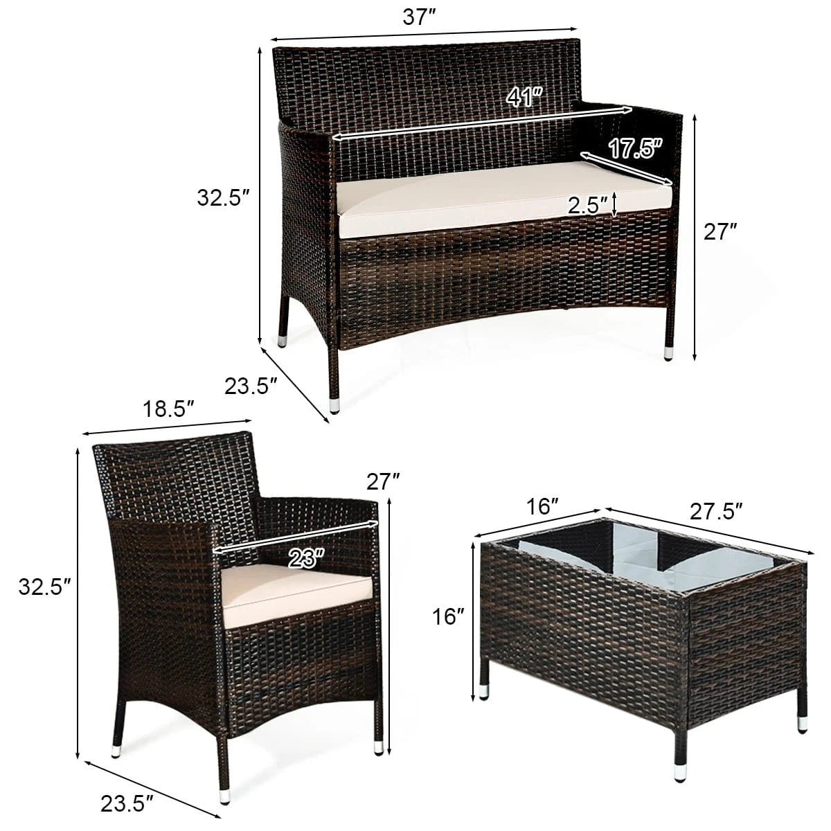 4PCS Rattan Patio Furniture Set – Cushioned Sofa, Chairs & Coffee Table for Garden - FastZen