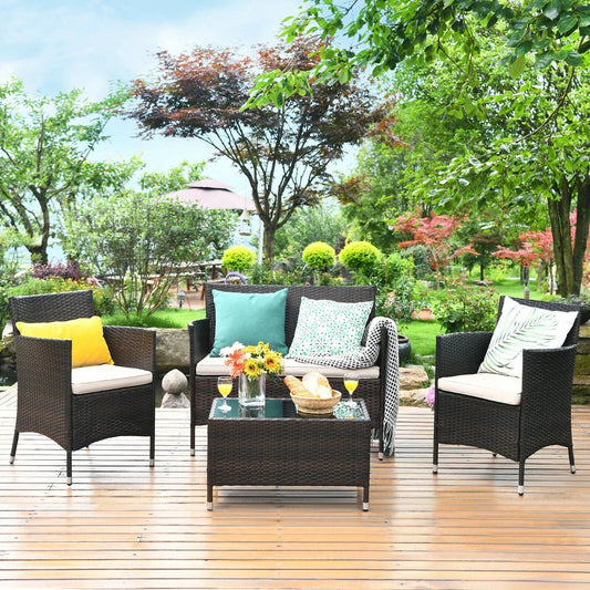 4PCS Rattan Patio Furniture Set – Cushioned Sofa, Chairs & Coffee Table for Garden - FastZen