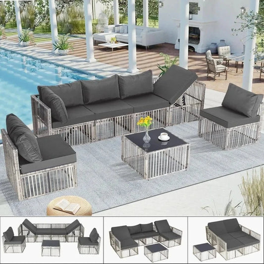 7 - Piece Wicker Outdoor Sectional Sofa Set – Patio Conversation Couch with Adjustable Backrest, Garden Furniture - FastZen