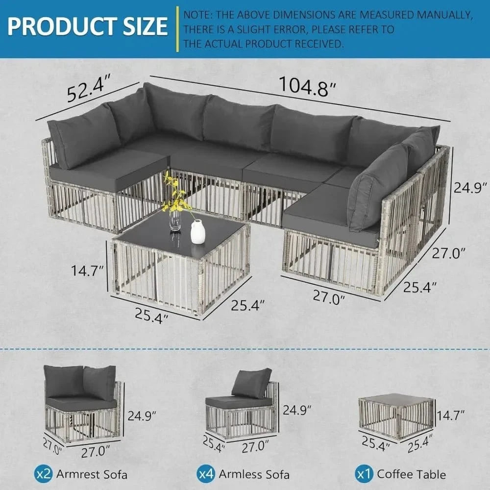 7 - Piece Wicker Outdoor Sectional Sofa Set – Patio Conversation Couch with Adjustable Backrest, Garden Furniture - FastZen