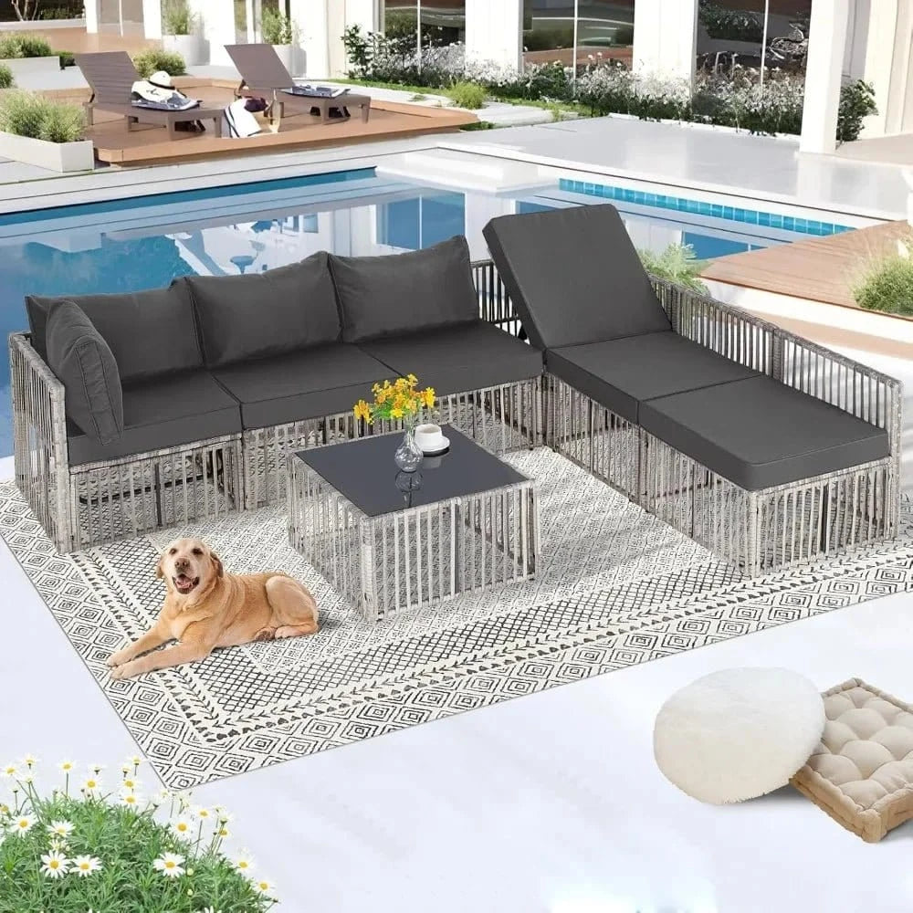 7 - Piece Wicker Outdoor Sectional Sofa Set – Patio Conversation Couch with Adjustable Backrest, Garden Furniture - FastZen