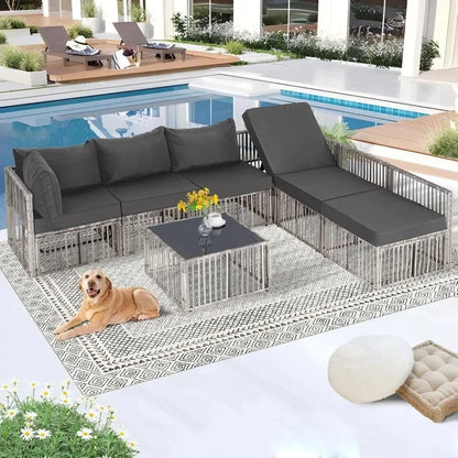 7 - Piece Wicker Outdoor Sectional Sofa Set – Patio Conversation Couch with Adjustable Backrest, Garden Furniture - FastZen