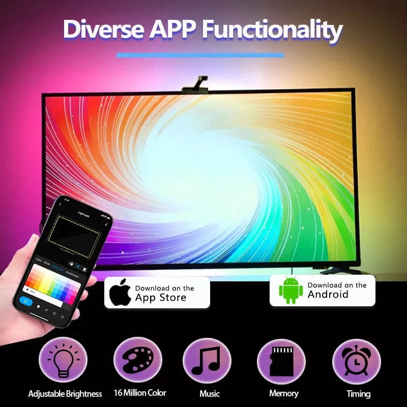 RGBIC LED TV Backlight Strip with Camera – Smart Ambient Lighting for 55–75” TVs