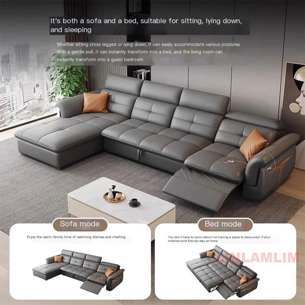 Modernes elektrisches Schlafsofa mit verstellbarer Rückenlehne, L-förmiges, multifunktionales italienisches Echtleder-Sofa