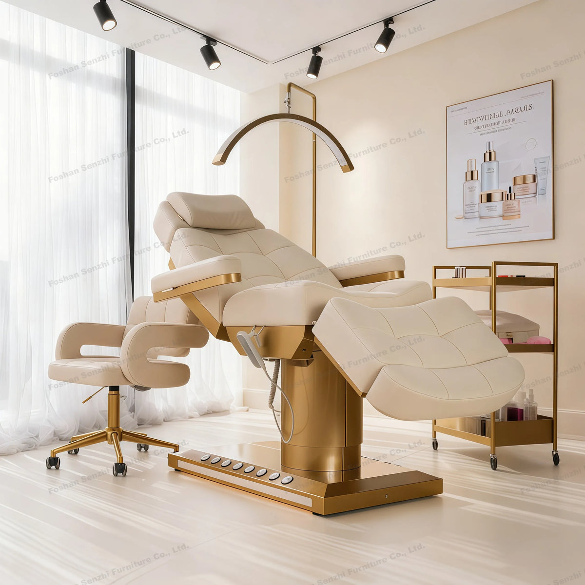 Luxuriöses elektrisches Schönheitsbett mit goldenem Sockel, Leder-Massagebett, Salon-Gesichts-Wimpernliege mit Beleuchtung