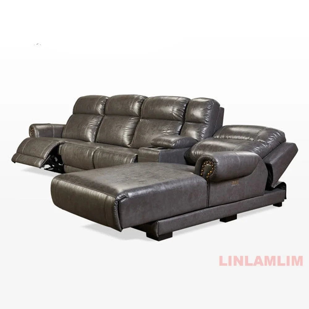 MINGDIBAO Luxuriöses Sofa-Set aus echtem Leder mit elektrischer Relaxfunktion, L-förmige elektrische Relax-Couch mit Nagelverzierung, Heimkinositz