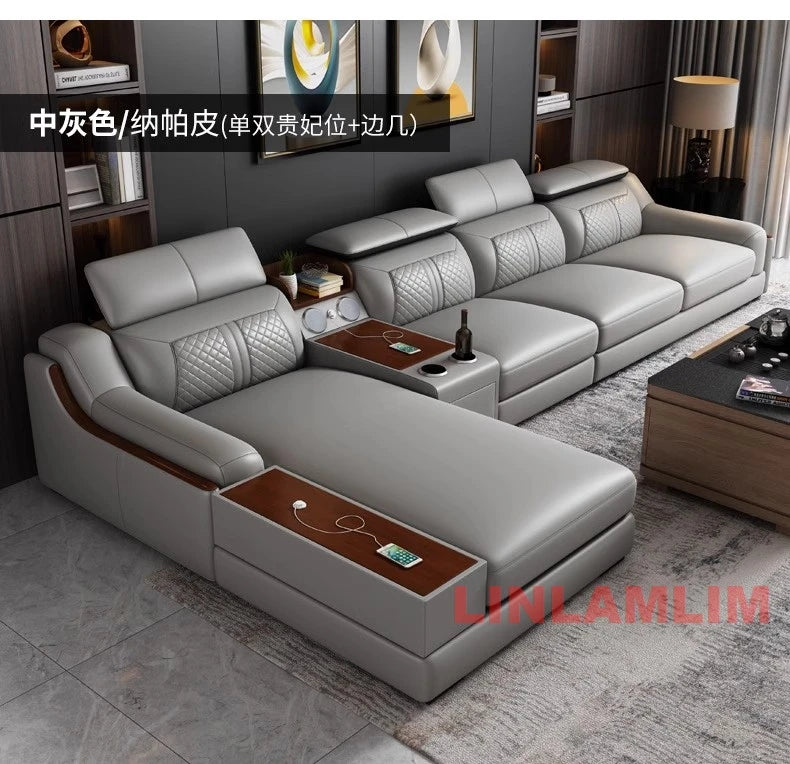 Modernes U-förmiges Ecksofa-Set mit Chaiselongue, echtes Leder Sofa mit Ablagetisch, USB – Große Wohnzimmermöbel
