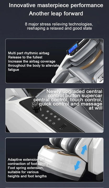 Ergonomischer Zero-Gravity-Massagesessel, Shiatsu-Technologie, Ganzkörper-Airbags, Fußrollen, Wadenkneten, Bluetooth, Wohnkomfort
