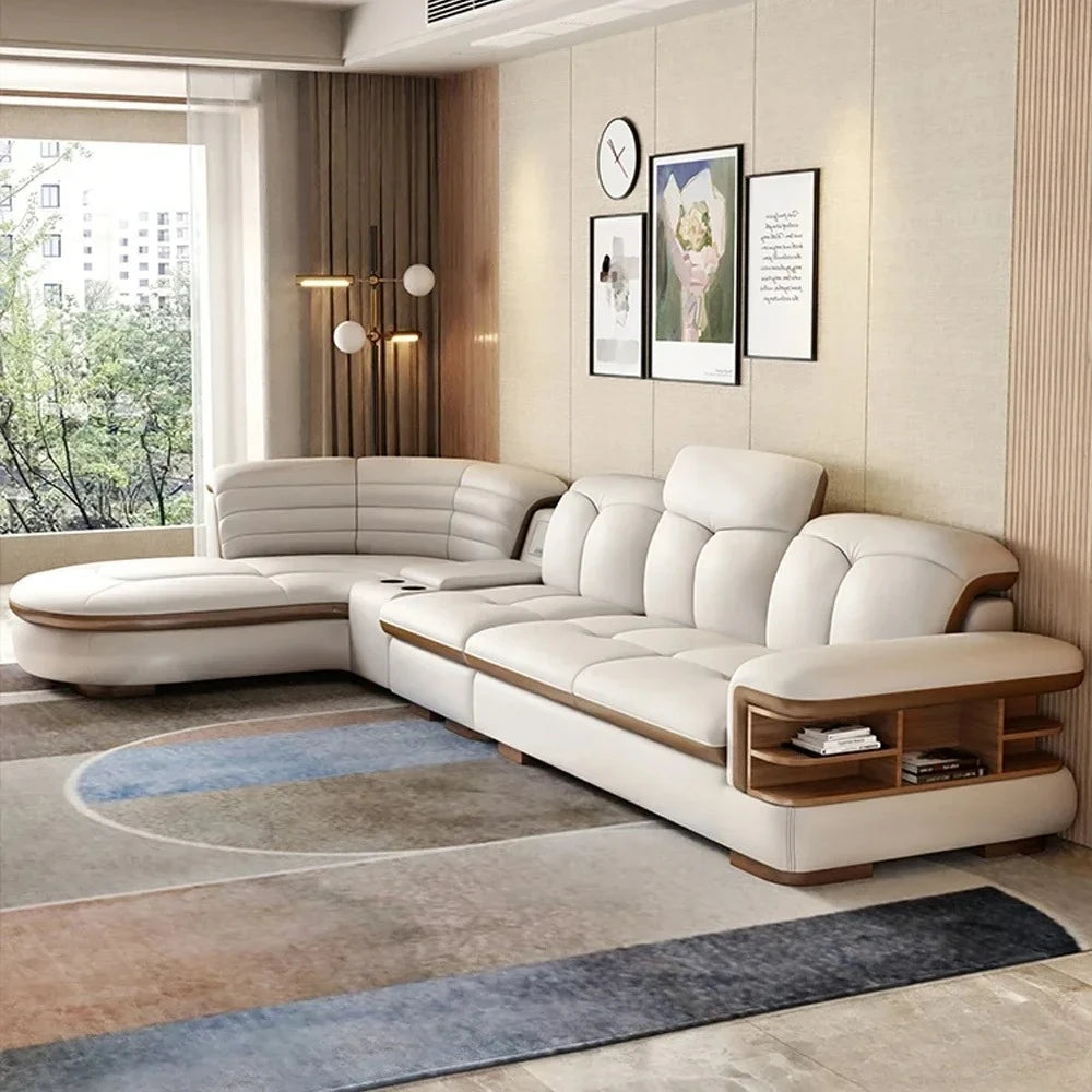 Luxuriöse L-förmige Sektionssofas aus echtem Leder mit USB- und Bluetooth-Lautsprecher – MINGDIBAO Wohnzimmer Italienische Ledersofas
