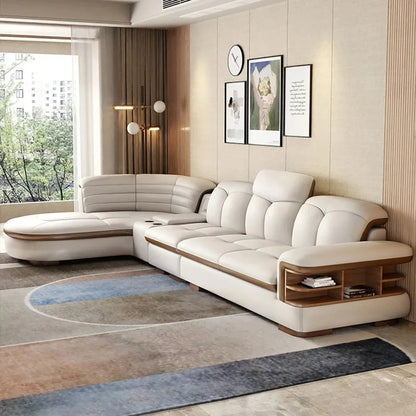 Luxuriöse L-förmige Sektionssofas aus echtem Leder mit USB- und Bluetooth-Lautsprecher – MINGDIBAO Wohnzimmer Italienische Ledersofas