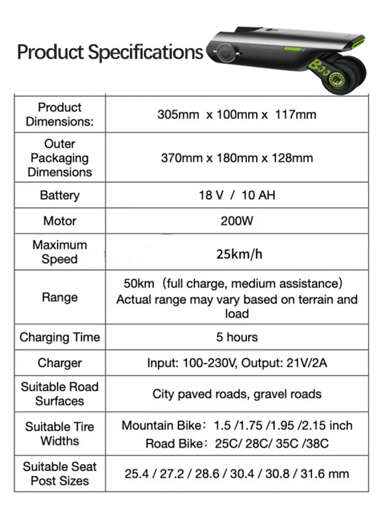 Booster électrique portable pour vélo, accessoires durables, suite VTT, 18V, 200W
