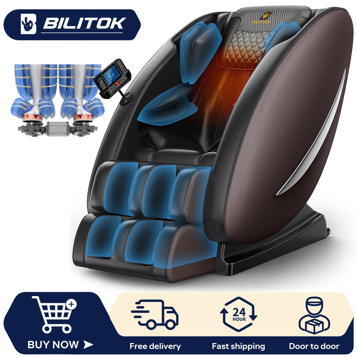 Massagesessel mit Zero-Gravity-Funktion, Ganzkörper-Massagesessel mit Heizung, Bluetooth-Lautsprecher, Airbags, Fußroller