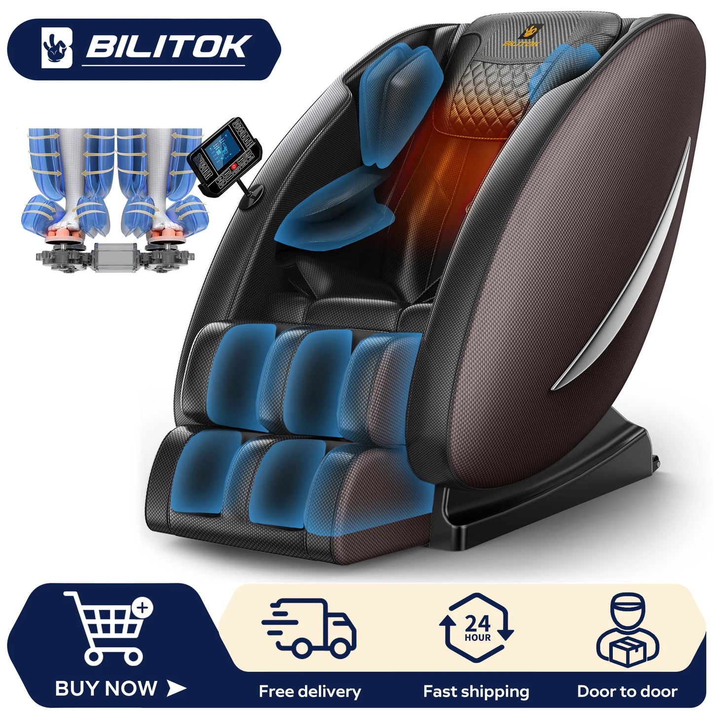 Massagesessel mit Zero-Gravity-Funktion, Ganzkörper-Massagesessel mit Heizung, Bluetooth-Lautsprecher, Airbags, Fußroller