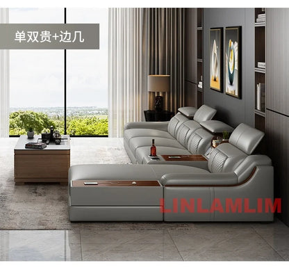 Modernes U-förmiges Ecksofa-Set mit Chaiselongue, echtes Leder Sofa mit Ablagetisch, USB – Große Wohnzimmermöbel