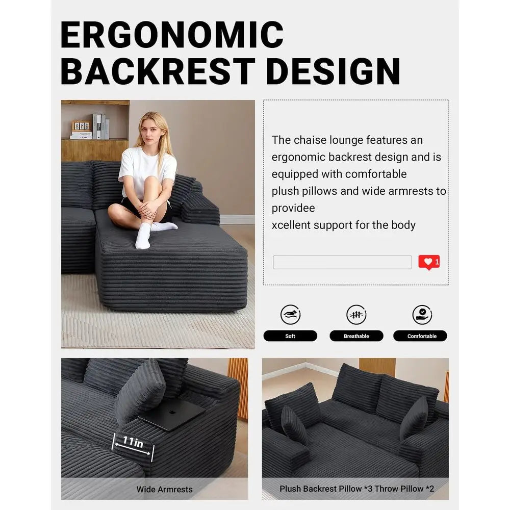 Modernes 108 L-förmiges Ecksofa, tiefes Wolkensofa, Cordstoff, Schwarz, Recamiere rechts, Wohnzimmermöbel, keine Montage