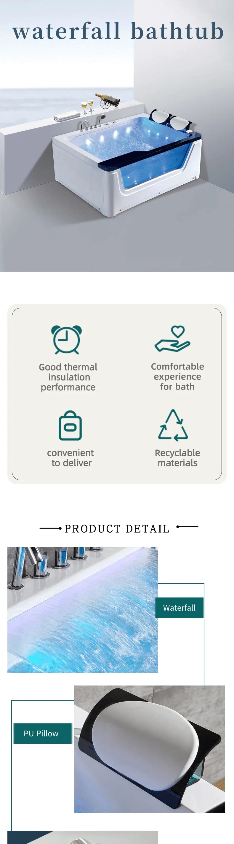 Newest whirlpool Acrylic Massage Jacuzi Bathtub Bath Freestanding Hydromassage  with Waterfall