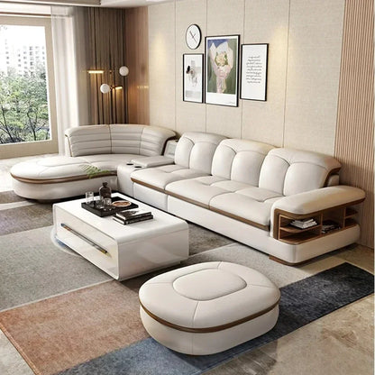 Luxuriöse L-förmige Sektionssofas aus echtem Leder mit USB- und Bluetooth-Lautsprecher – MINGDIBAO Wohnzimmer Italienische Ledersofas
