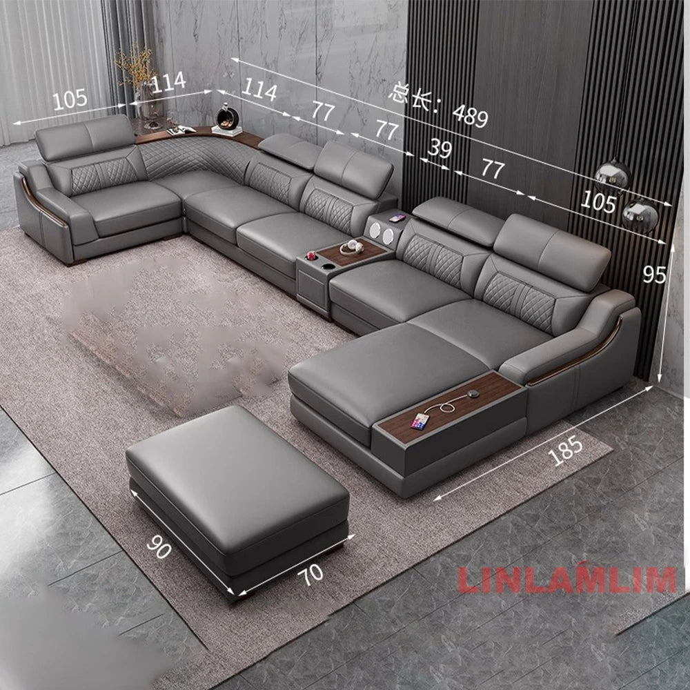 Modernes U-förmiges Ecksofa-Set mit Chaiselongue, echtes Leder Sofa mit Ablagetisch, USB – Große Wohnzimmermöbel
