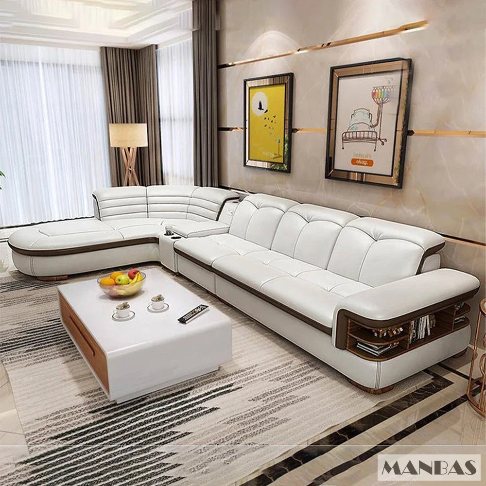 Luxuriöse L-förmige Sektionalsofa-Sets aus echtem Leder mit USB, Bluetooth-Lautsprecher – Linlamlim Wohnzimmer italienische Ledersofas