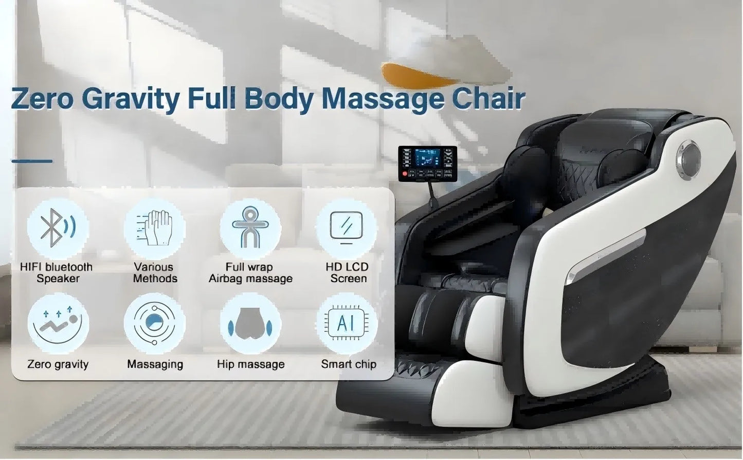 4D-Zero-Gravity-Massagesessel, automatische Heizfunktion, Bluetooth-Musik, Airbag und Shiatsu-Liegefunktion