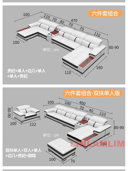 Modern U-Shaped Sectional Sofa with Chaise, White Genuine Leather Couch with Cup Holders, USB – Large Living Room Furniture Set