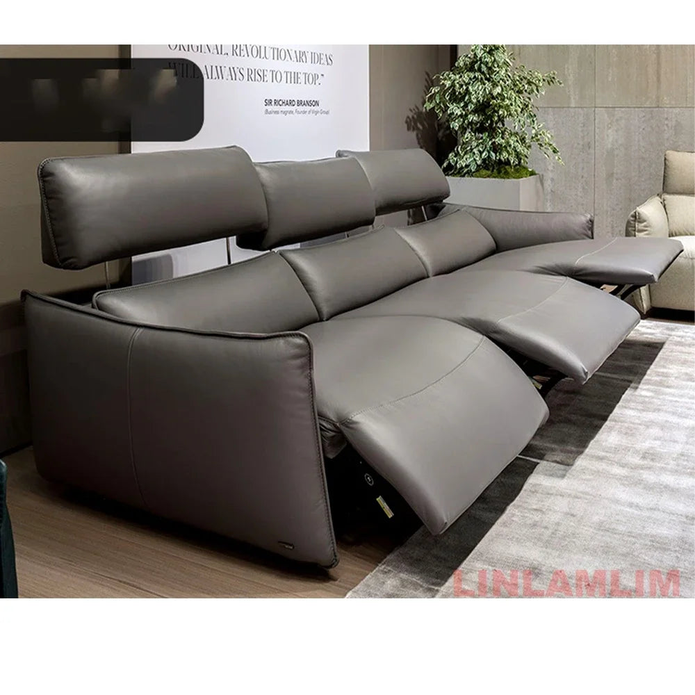 QY Ecksofa mit zwei Motoren, elektrischer Relaxfunktion, echtem Leder und verstellbaren Kopfstützen, L-förmige Eckcouch mit Chaiselongue