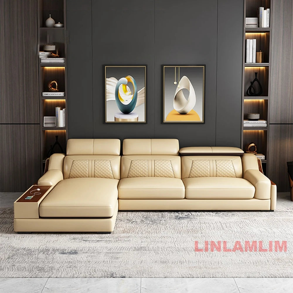 Modernes U-förmiges Ecksofa-Set mit Chaiselongue, echtes Leder Sofa mit Ablagetisch, USB – Große Wohnzimmermöbel
