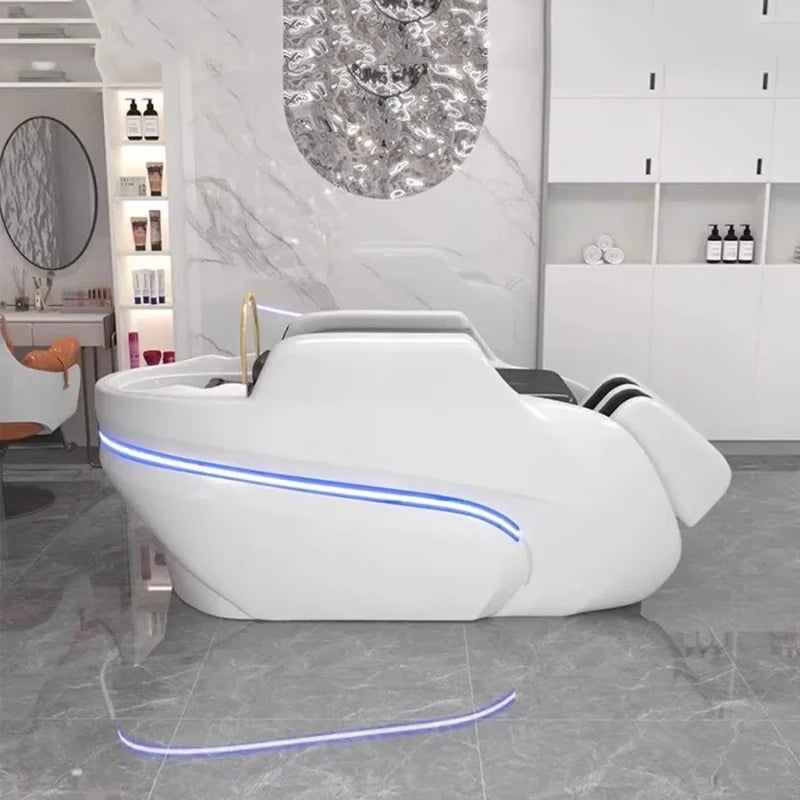 Professioneller Shampoo-Stuhl, Waschbecken, Friseursalon, Kopfhaut-Spa-Bett, Shampoo-Stuhl, Stylist, Luxus, elektronische Massage, komplette Cadeiras-Möbel