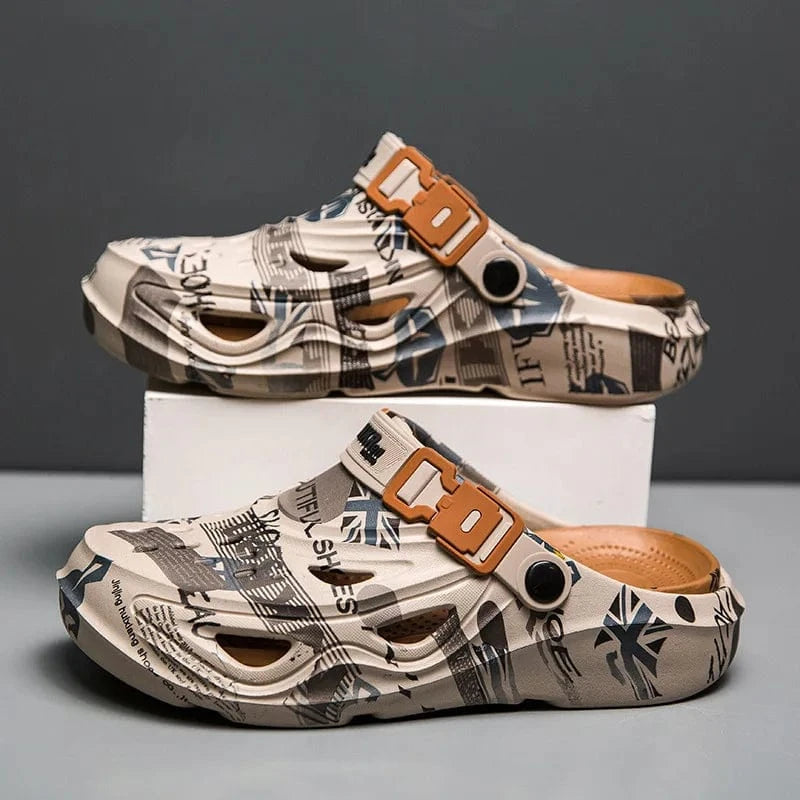 Men’s Sport Sandals – Lightweight EVA Slip-On Beach Slides with Buckle, Graffiti Design
