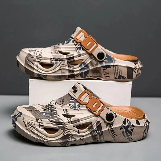 Men’s Sport Sandals – Lightweight EVA Slip-On Beach Slides with Buckle, Graffiti Design